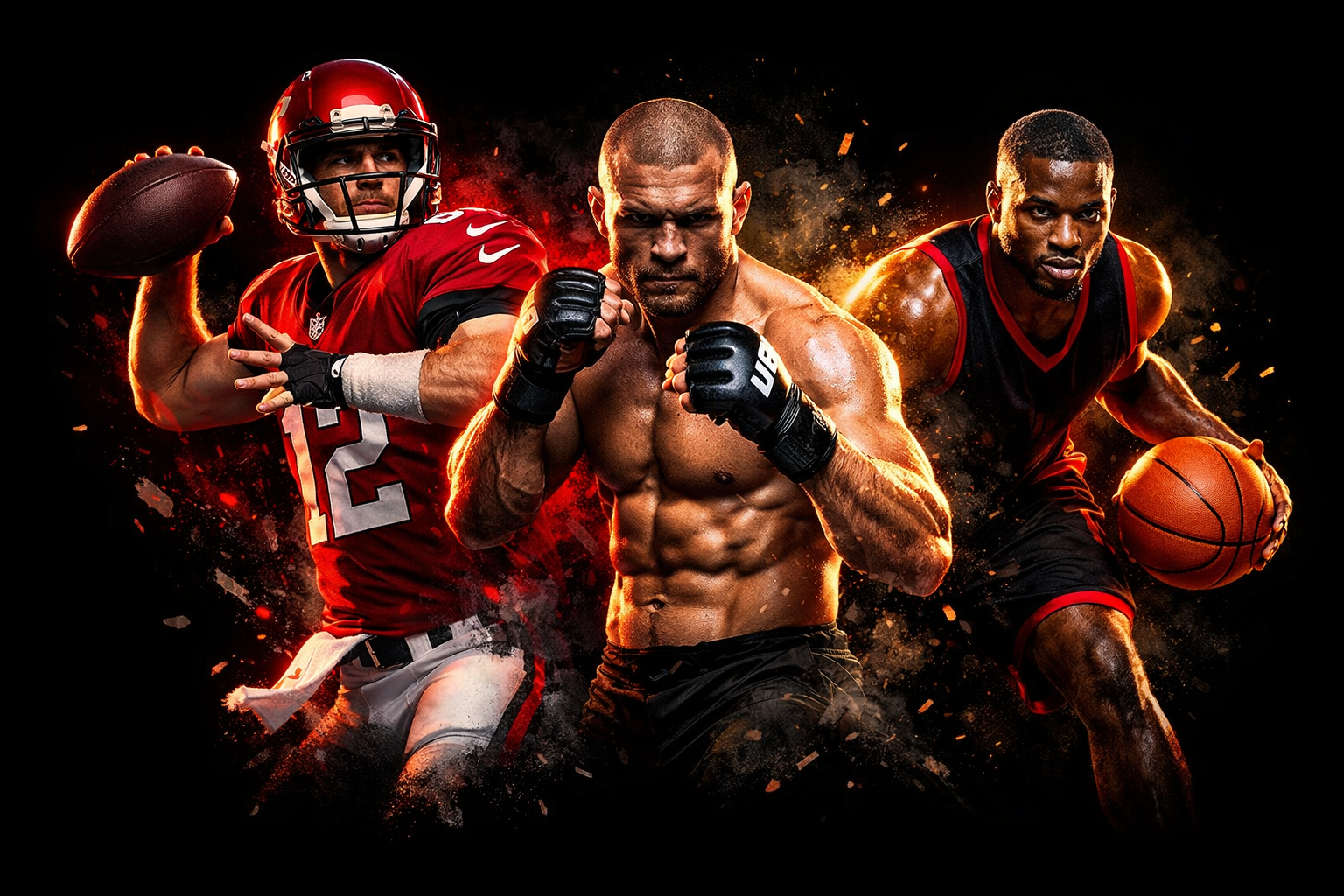 Three athletes in sports attire with a dark background